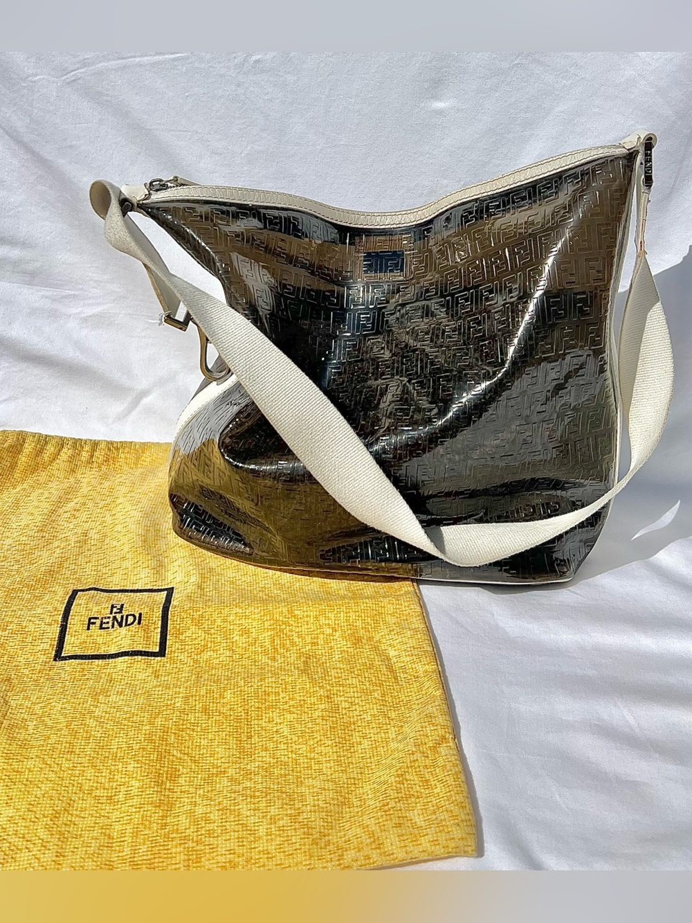 Fendi Vintage Bag Tote Crossbody Shoulder Hobo Plastic FF Logo White Black